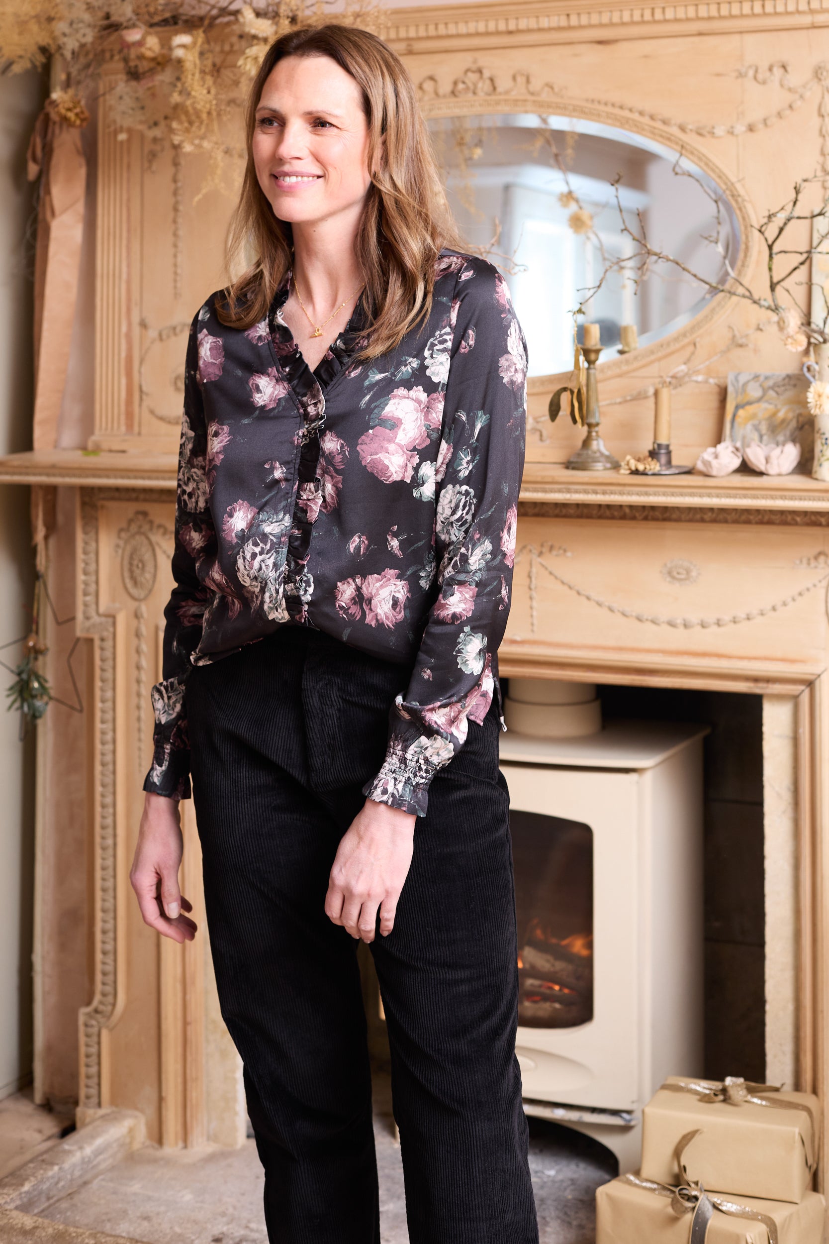 Kit Ruffle Satin Blouse Black – Lily Me - Main Image