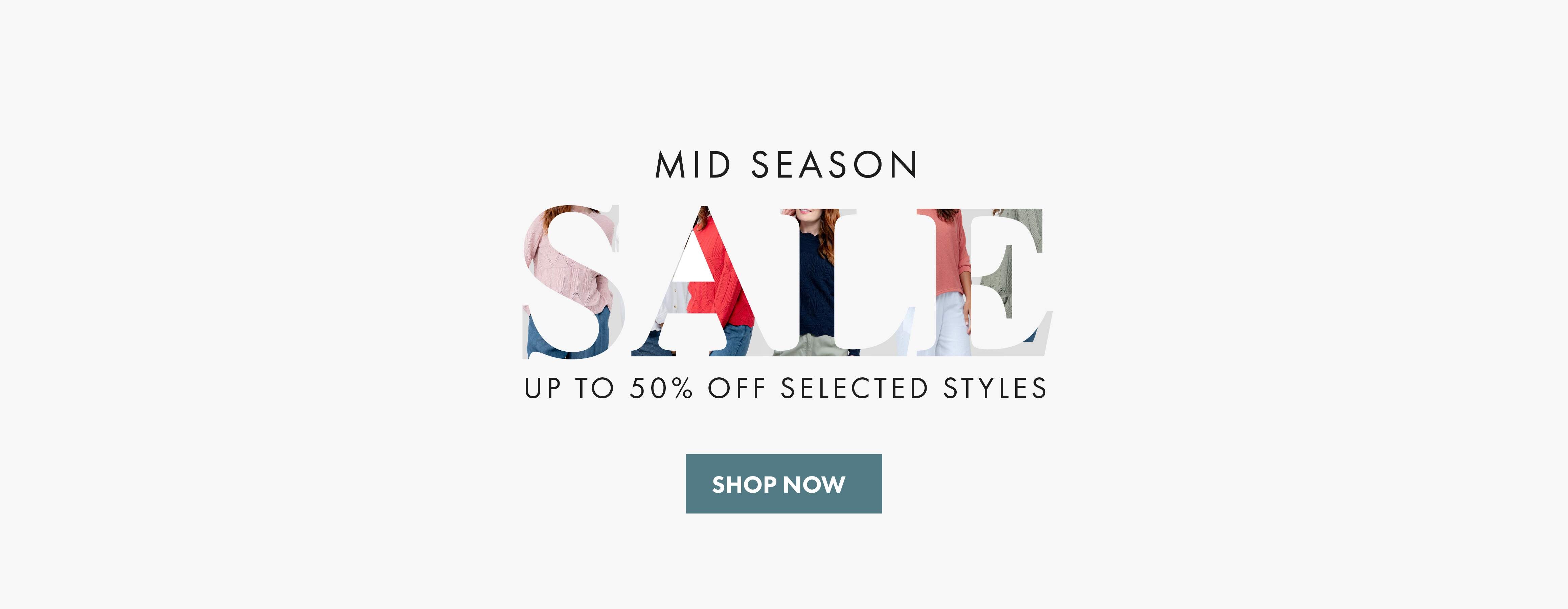 Promotional banner for mid-season sale with clothing icons and 'Shop Now' button on a white background.