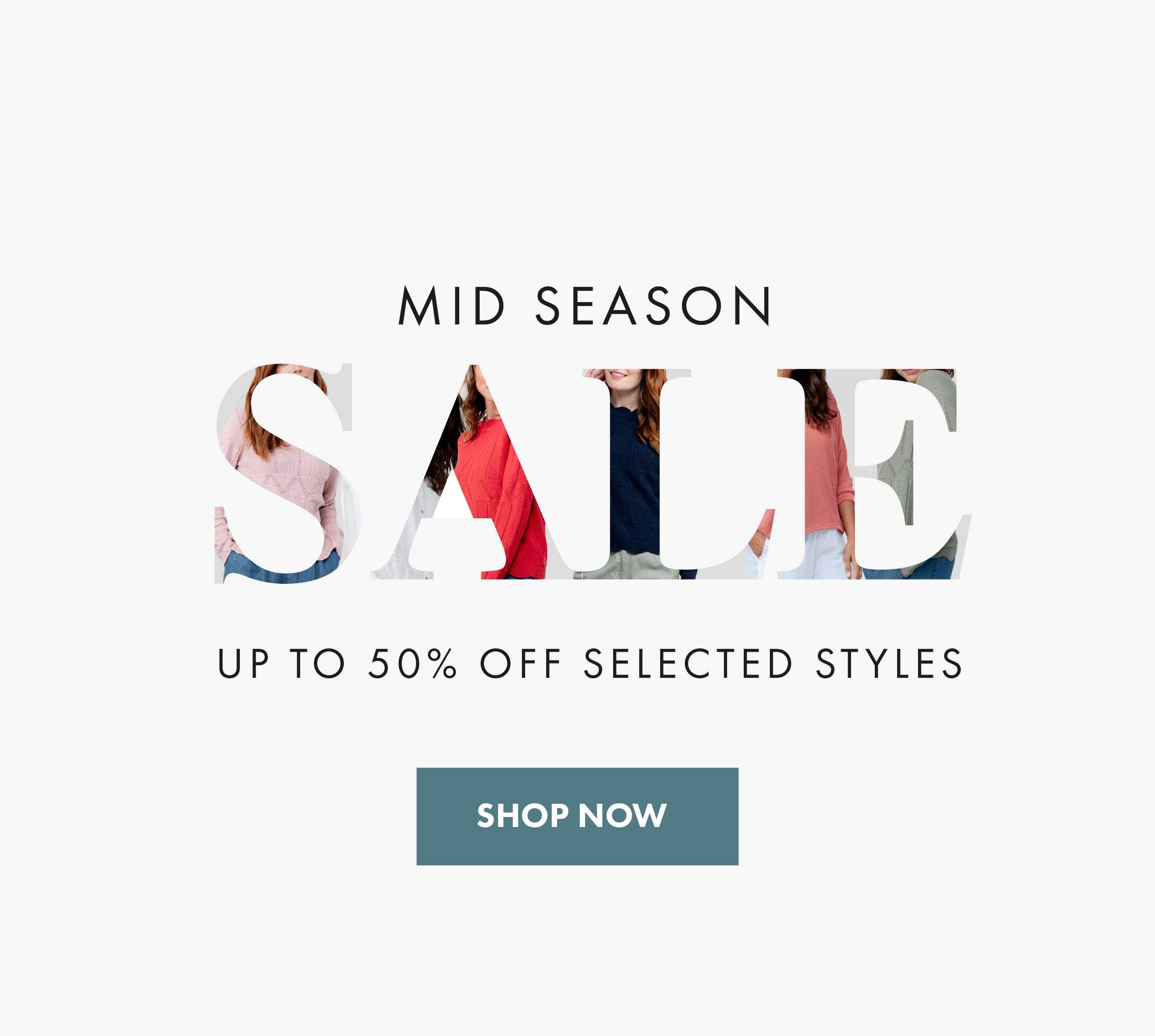 Promotional banner for mid-season sale with clothing icons and 'Shop Now' button on a white background.