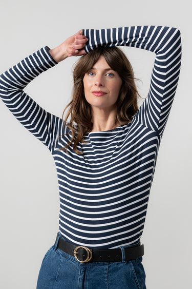 Monica Jersey Striped Long Sleeve Top Navy