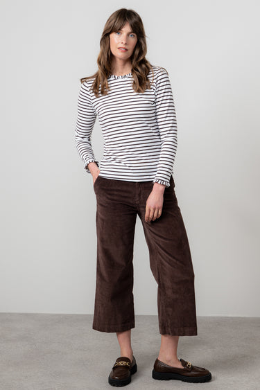 Marnie Striped Frill Neck Top Chocolate