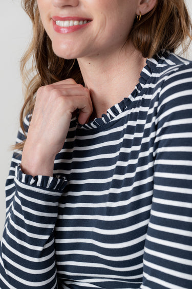 Marnie Striped Frill Neck Top Navy