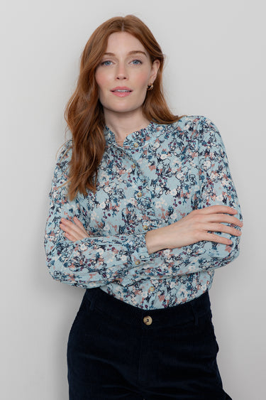 Rachel Organic Cotton Frill Blouse Ice Blue