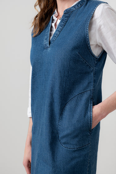 Belle Knee Length Denim Pinafore Dress Blue