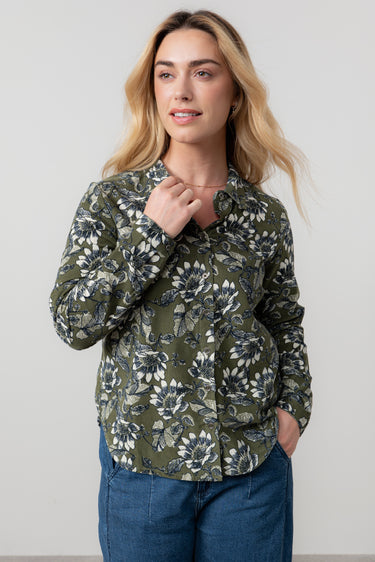 Patsy Cotton Pincord Floral Shirt Moss