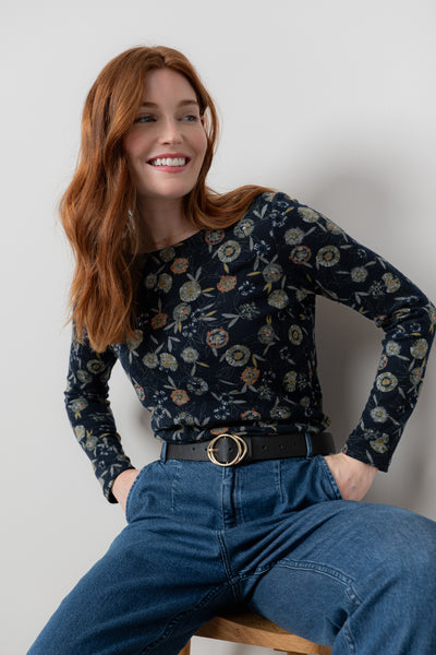 Floral Motif Chenille Knited Top - blue Angela Floral Print Knit