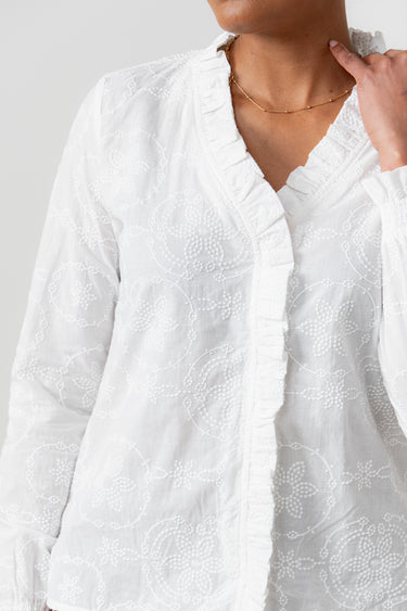 Kit Ruffle Embroidered Cotton Blouse White