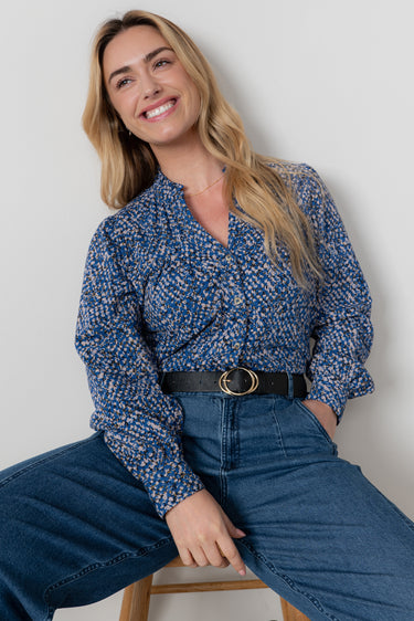 Wayfaring Ditsy Print Cotton Blouse Cobalt