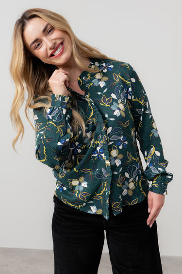 Sage Floral Print Frill Blouse Green