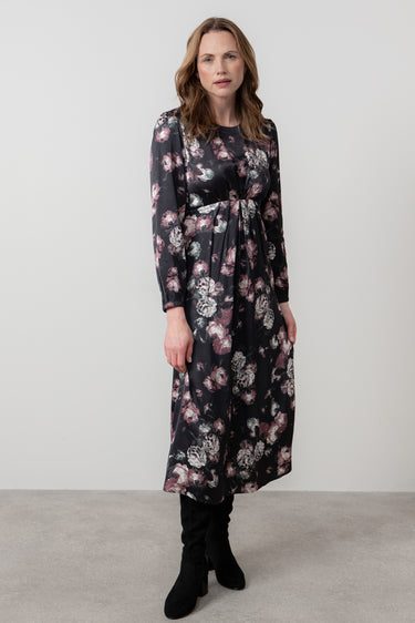 Celia Floral Print Satin Midi Dress Black