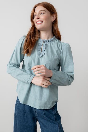 Emily Cotton Check Keyhole Blouse Ice Blue