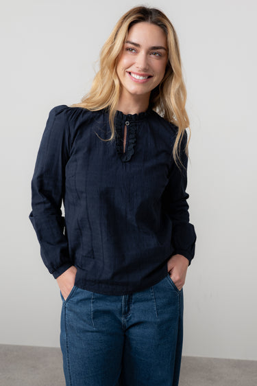 Emily Organic Cotton Check Keyhole Blouse Navy