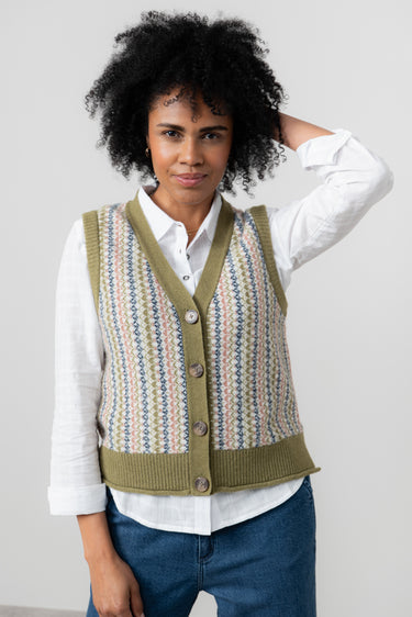 Gwyneth Fair Isle Sleeveless Cardigan Moss