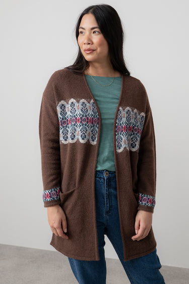 Isle Longline Fair Isle Knit Cardigan Chocolate