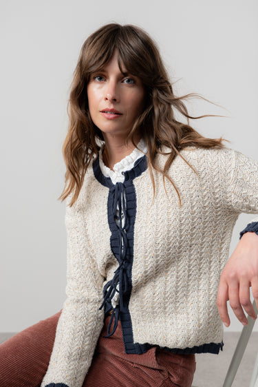Adelia Tie Front Cardigan Ecru/ Navy