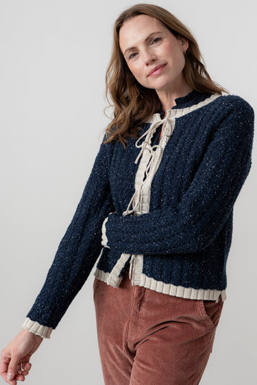 Adelia Tie Front Cardigan Ecru Navy | Lily and Me Clothing