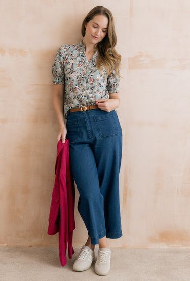 Wren Printed Frill Blouse Ocean