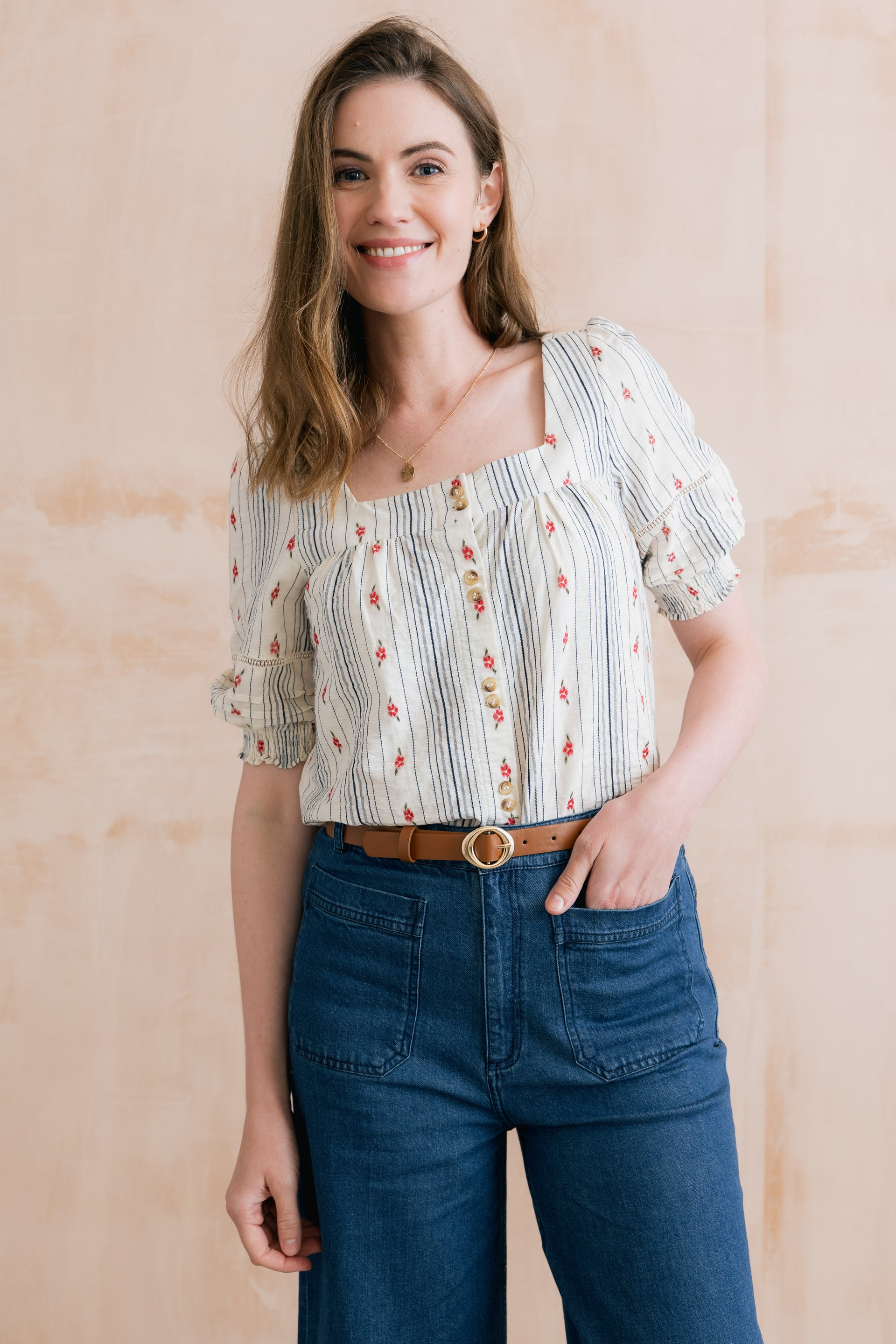 Poppy Embroidered Stripe Blouse Ecru