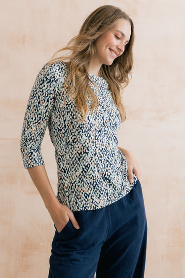 Monica Restore Print Organic Cotton Jersey Top Navy