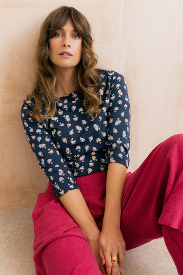 Monica Verbena Print Organic Cotton Jersey Top Navy