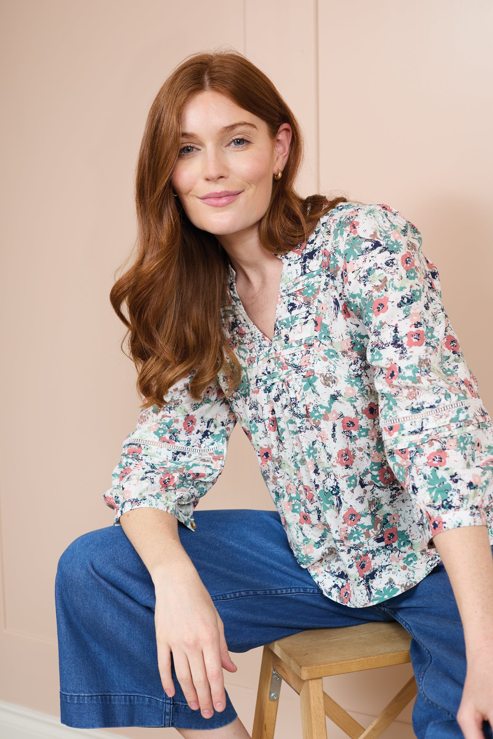 Marie Printed Pintuck Blouse