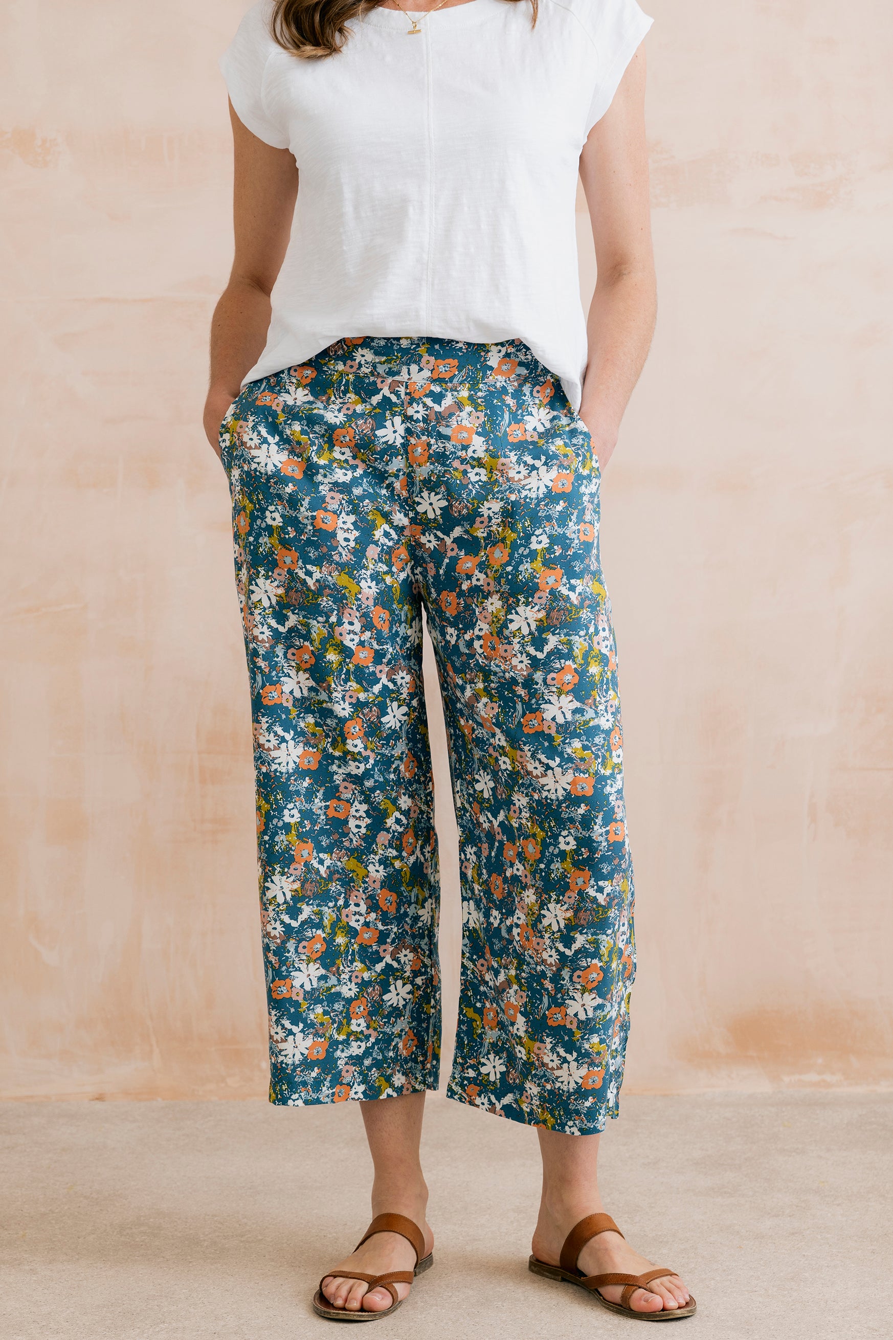 Greta Print Cropped Trousers Petrol