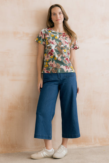 Rosali Linen Blend Printed Top Laurel Green