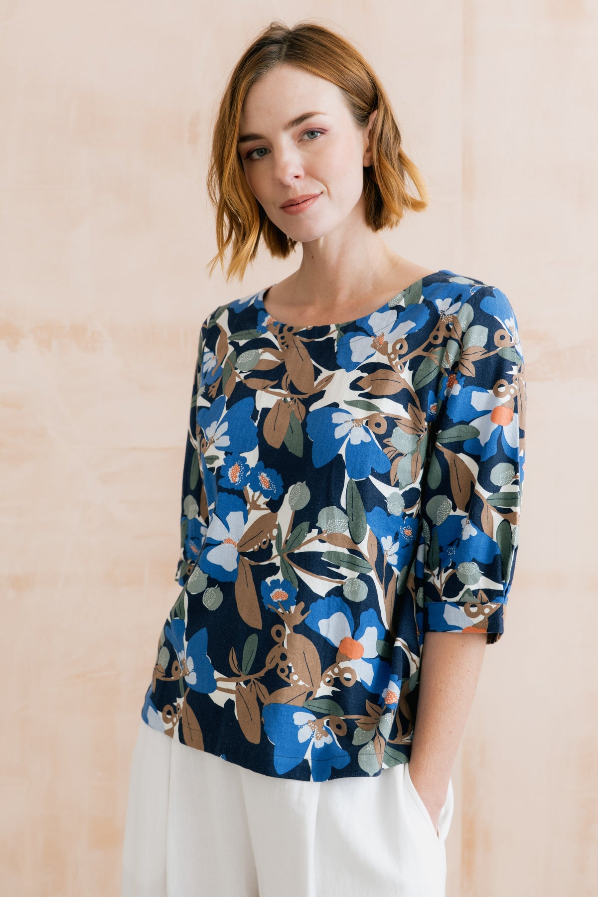 Lakeside Linen Blend Print Top