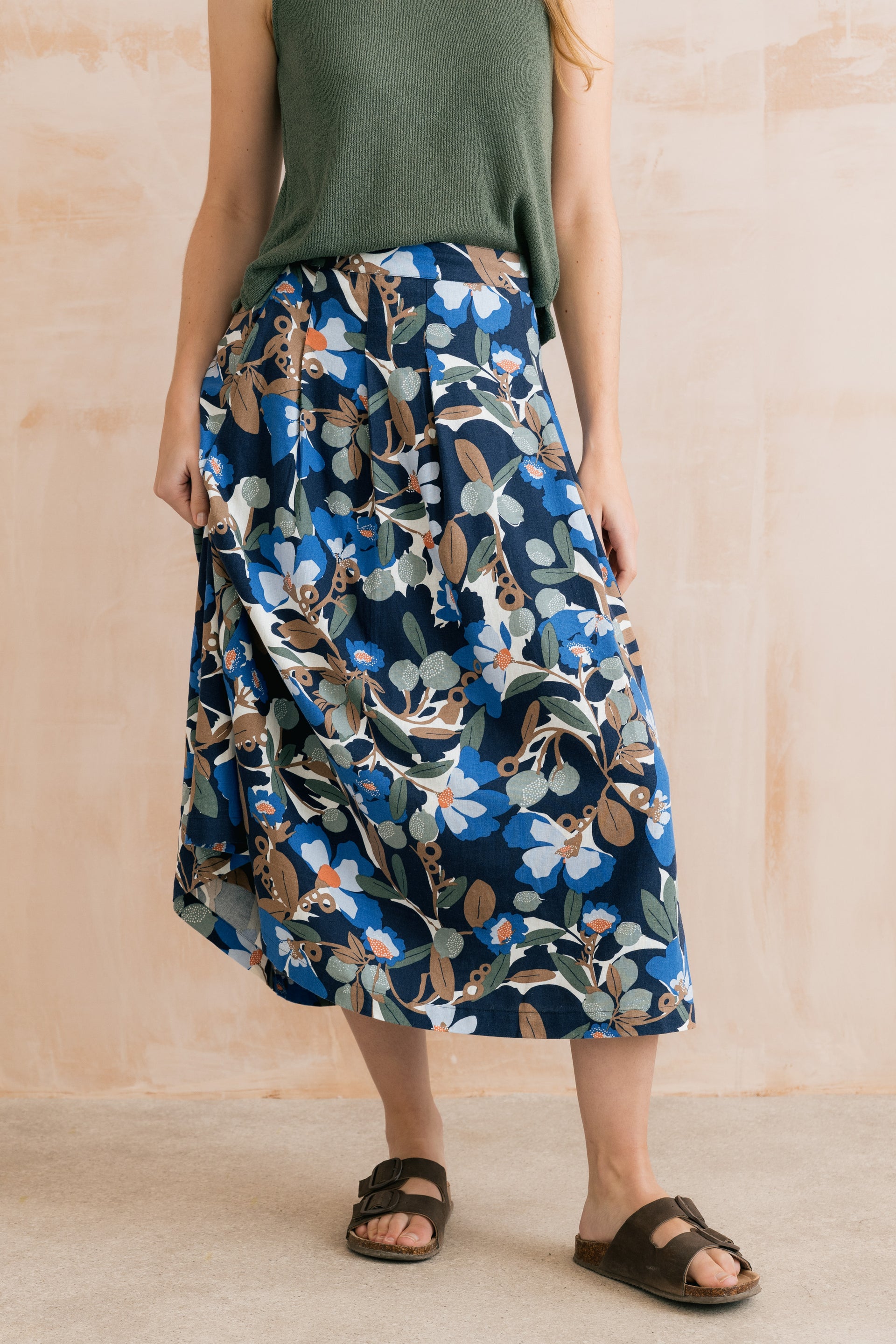 St Ives Linen Blend Print Midi Skirt