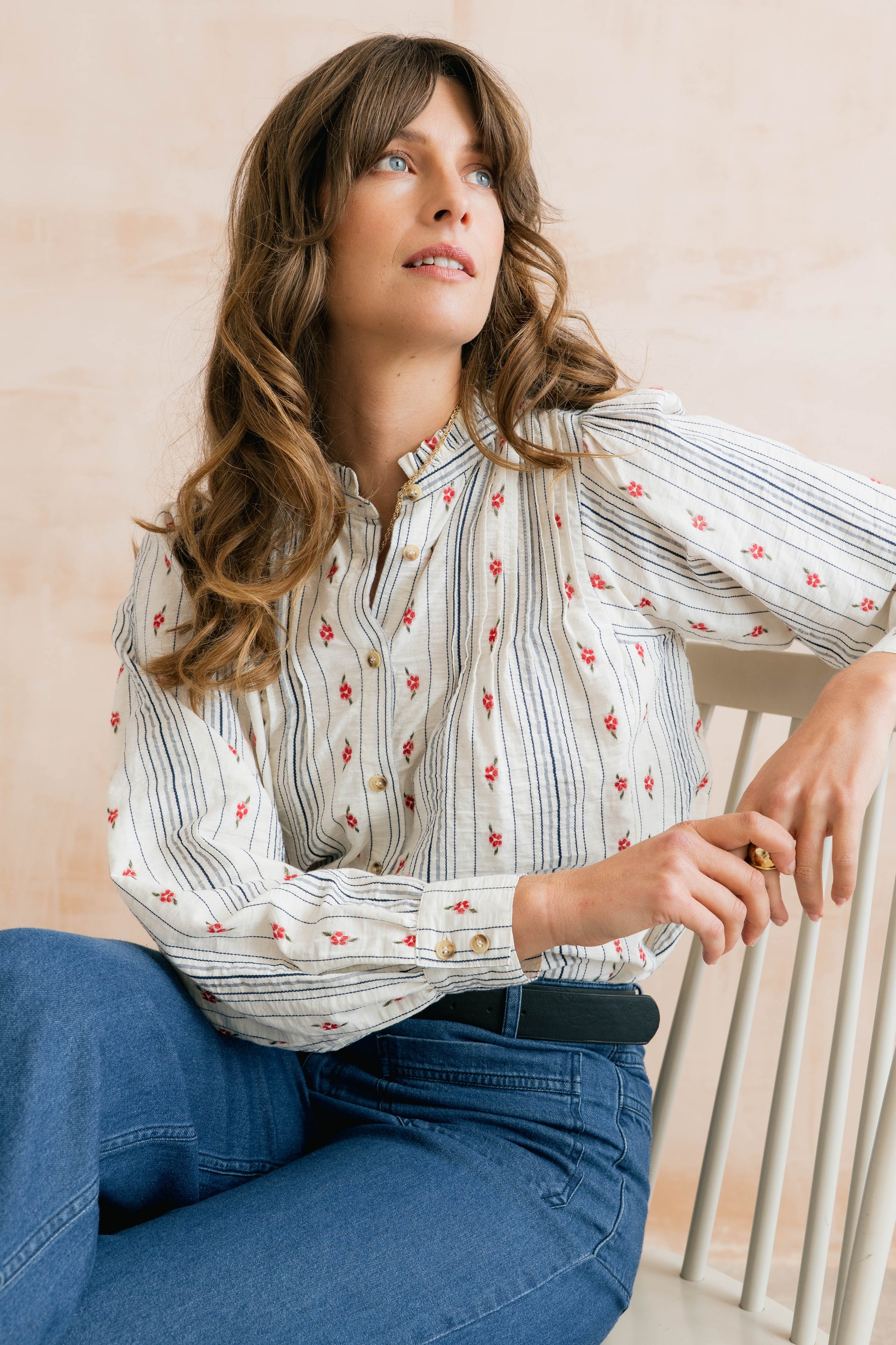 Flora Embroidered Stripe Blouse Ecru