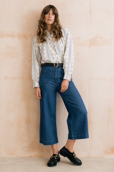 Flora Embroidered Stripe Blouse Ecru