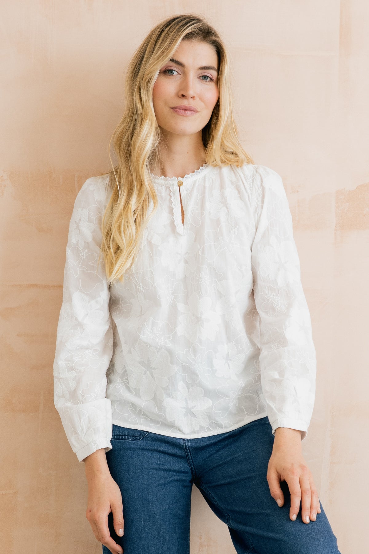 Emily Embroidered Cotton Keyhole Blouse