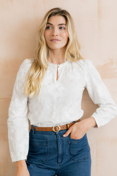 Emily Embroidered Cotton Keyhole Blouse White