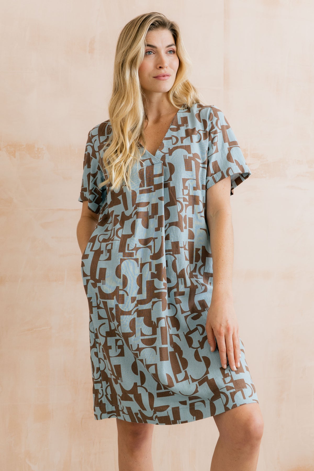 Vine Linen Blend Print Dress Mocha