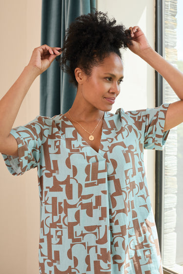 Vine Linen Blend Print Dress Mocha