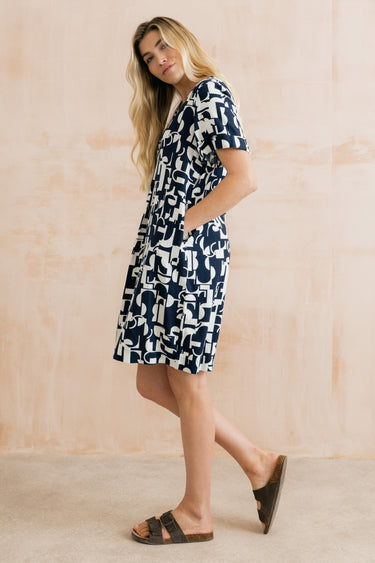 Vine Linen Blend Print Dress Navy