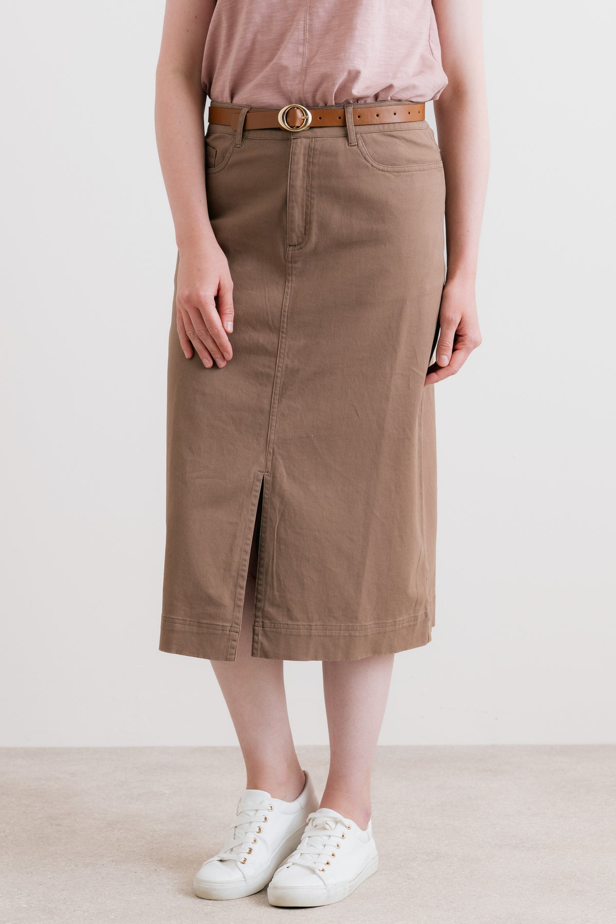 Morwenna Stretch Twill Midi Skirt Mocha