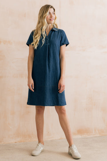 Lavender Short Sleeve Collared V-Neck Denim Dress