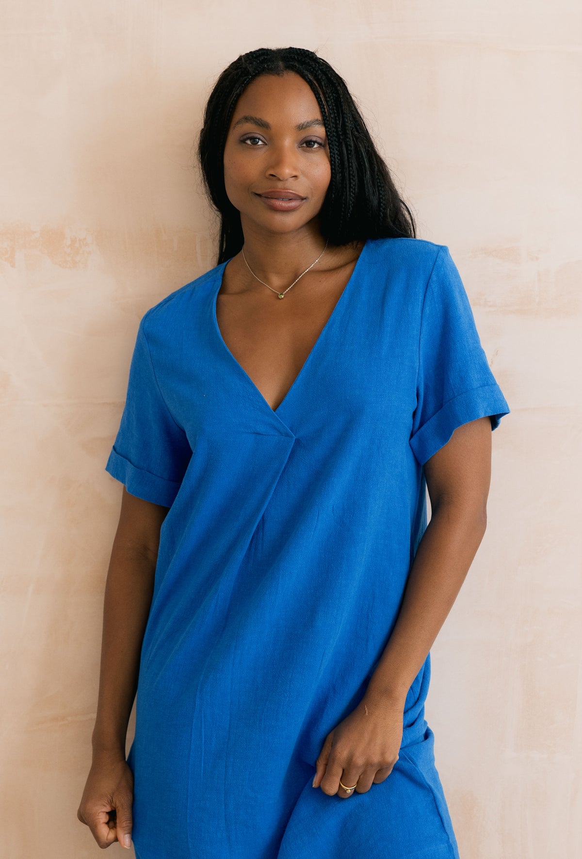 Vine Linen Blend Dress Cobalt