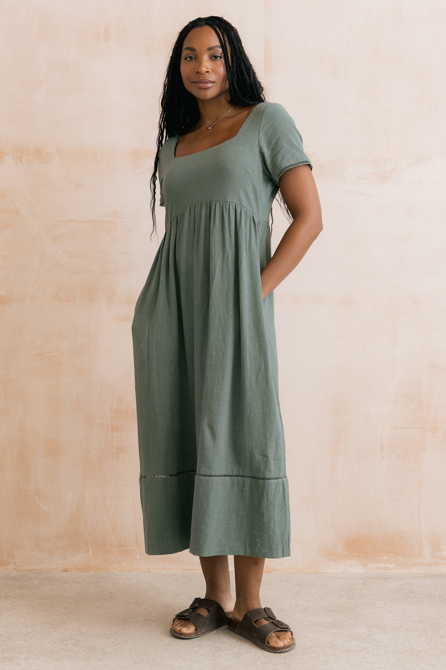 Iris Linen Blend Midi Dress Laurel Green – Lily & Me