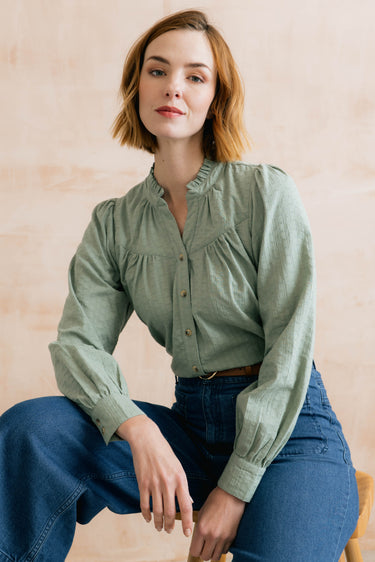 Wayfaring Embroidered Cotton Blouse Silver Sage