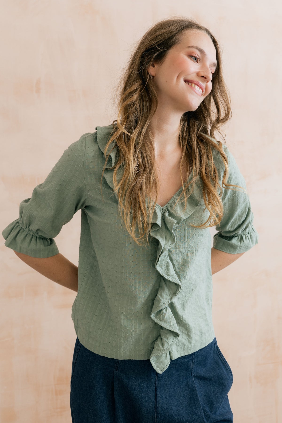 May Embroidered Cotton Frill Blouse Silver Sage