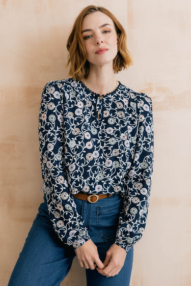 Emily Printed Keyhole Blouse Navy