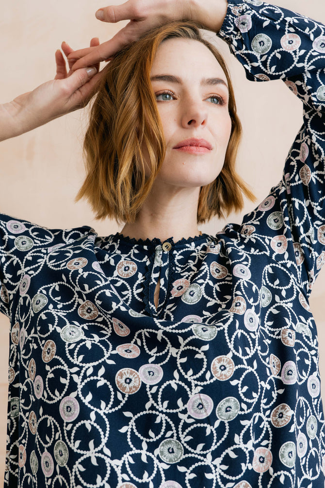 Emily Printed Keyhole Blouse Navy